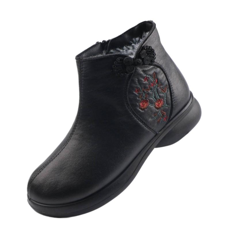 ブーツ レディース ママ 中国風 エスニック 花柄 厚底 裏ボア フェイクファー 保温 防寒 ソフトソール ..