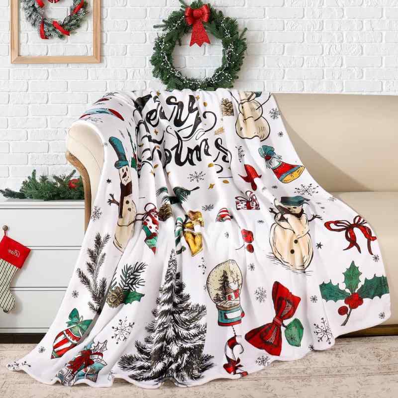 毛布 男女兼用 フランネル ブランケット 冬用 オールシーズン やわらか 快適 あったか 保温 防寒 ふわふわ ポリエステル 雪だるま 雪の結晶 プリント柄 北欧風 リビング 寝室 ホームインテリア 暖房対策