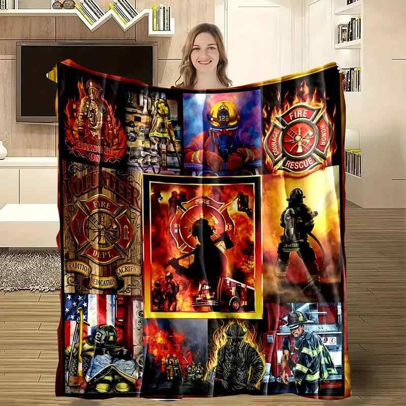 ブランケット フランネル ポリエステル 高精細デジタルプリント 消防士デザイン 欧米風 エアコン対策 冷房対策 車内 車中泊 ドライブ アウトドア 快適 柔らかい 肌触り 薄手 軽量 スロー