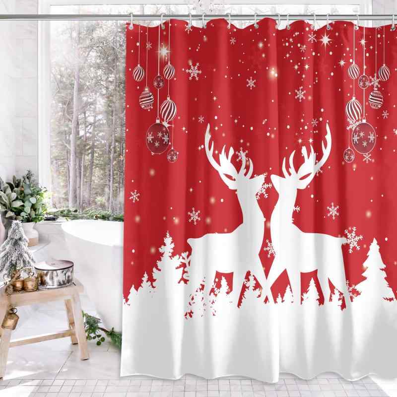 シャワーカーテン クリスマスデザイン トナカイ柄 デジタルプリント 厚手 防水 撥水 ポリエステル バスルーム用 間仕切り 目隠し お風呂用品 おしゃれ クリスマス飾り 冬