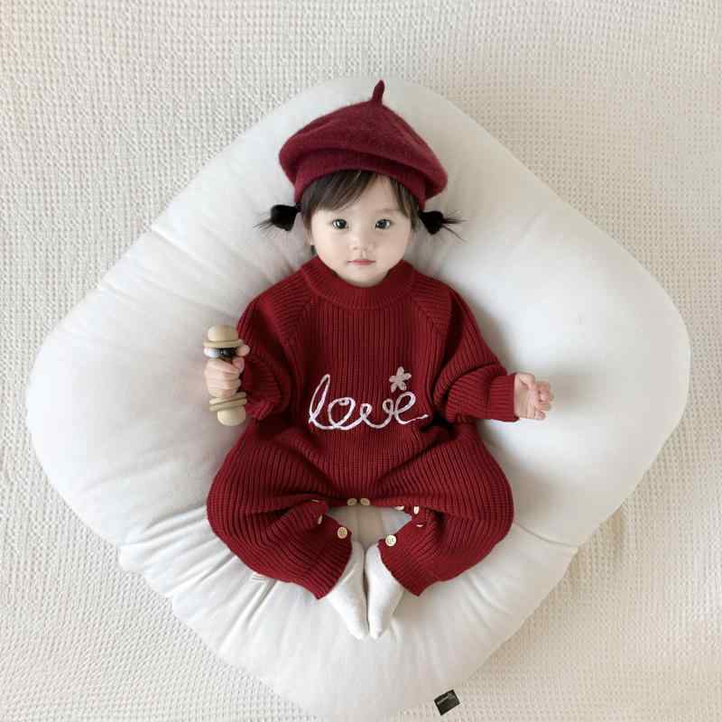 ロンパース ベビー 男の子 女の子 秋冬 ニット セーター カバーオール 長袖 プルオーバー 赤 ワインレ..