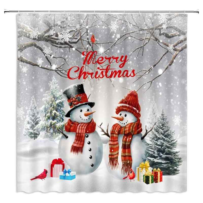 シャワーカーテン クリスマス 雪だるま柄 防水 デジタルプリント ポリエステル製 浴室 バスルーム お風呂 インテリア 仕切り フック付き