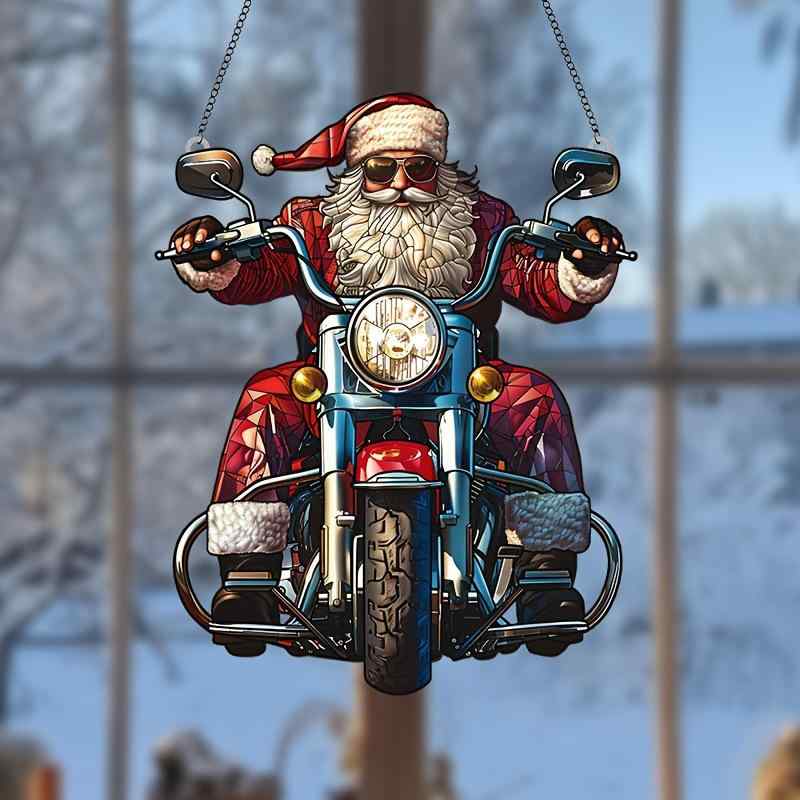 オーナメント クリスマス かわいい バイクに乗ったサンタクロース アクリル製 丸型 彩色 ペイント チェ..