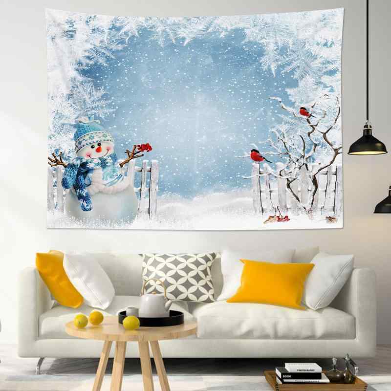 タペストリー クリスマス 冬 雪景色 かわいい雪だるま 青い帽子 赤い鳥 壁掛け ポリエステル 北欧 リビ..