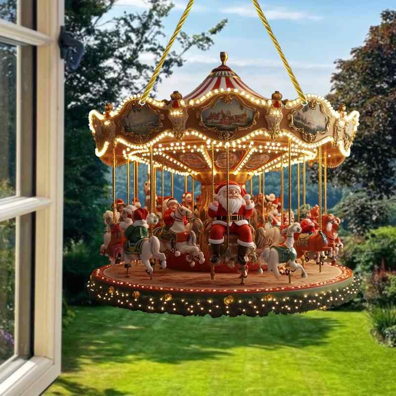 オーナメント サンタクロース メリーゴーランド アクリル サンキャッチャー 窓飾り 玄関飾り 車用飾り クリスマス デコレーション レトロ かわいい