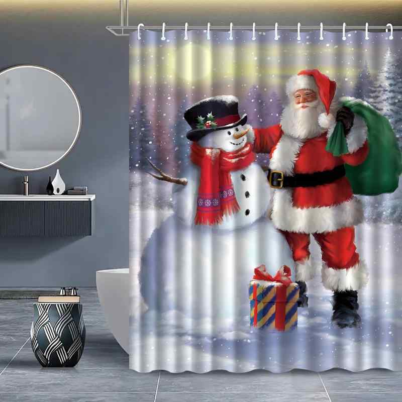 シャワーカーテン 浴室用 クリスマス かわいい 防水 デジタルプリント ポリエステル バスルーム インテリア 免打孔 アメリカンスタイル セット