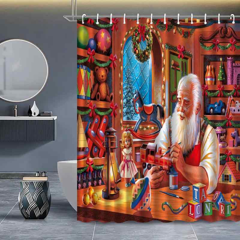 シャワーカーテン クリスマス柄 防水 撥水加工 ポリエステル素材 デジタルプリント お風呂用品 バス用品 アメリカンデザイン 目隠し効果