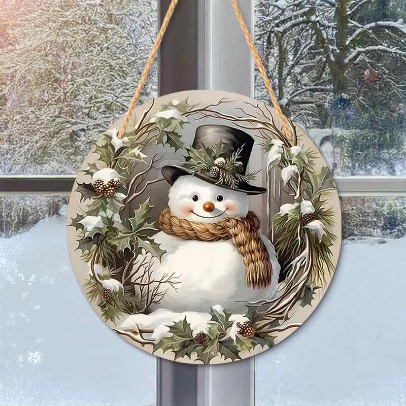 クリスマス オーナメント 雪だるま 木製 丸型 壁掛け 吊り下げ ウォールデコレーション かわいい おしゃれ カートゥーン 文字入り 英文字デザイン 爽やか キ...