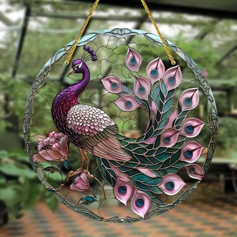 オーナメント ピンク 孔雀 約20cm角 アクリル製 透明 ガラス調 ステンドグラス風 彩色 窓飾り 玄関 ベ..