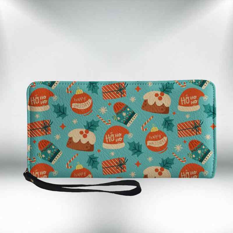 財布 長財布 クリスマス サンタ帽柄 ポーチ 合皮 フェイクレザー クラッチバッグ ファスナー カードケース パスケース 小銭入れ シンプル スタイリッシュ 普段使い デイリーユース