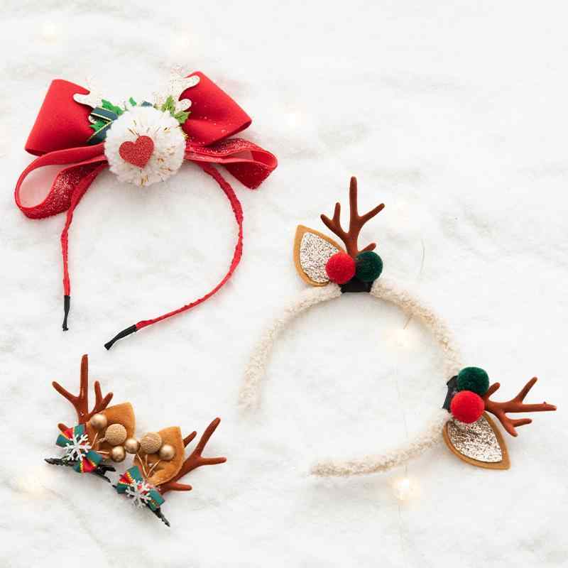 ヘアアクセサリー キッズ 女の子 クリスマス トナカイ 鹿の角 カチューシャ ヘアクリップ ヘアバンド 髪飾り 布製 ベロア調 ポンポン 光沢感 ナチュラル レッド ブラウン