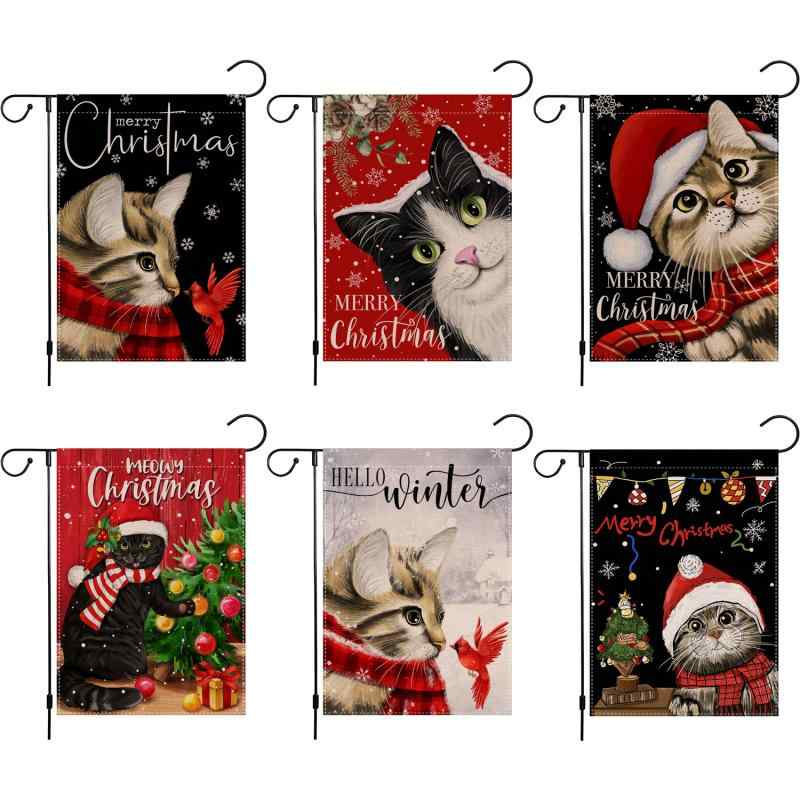 ガーデンフラッグ クリスマス猫 かわいい スカーフ 雪の結晶 庭 玄関 エントランス 屋外 デコレーショ..