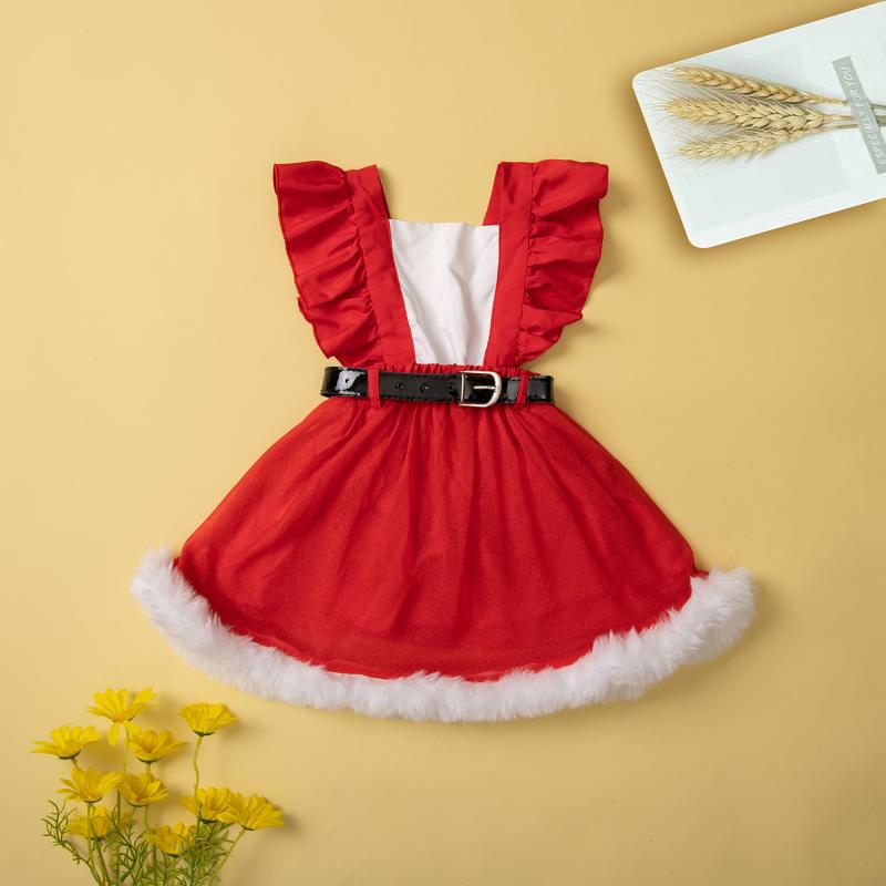 ワンピース ロンパース キッズ 女の子 トレンド クリスマス ノースリーブ スカート フリル 綿 コットン カバーオール プルオーバー カジュアル 普段使い 秋 レッド 赤