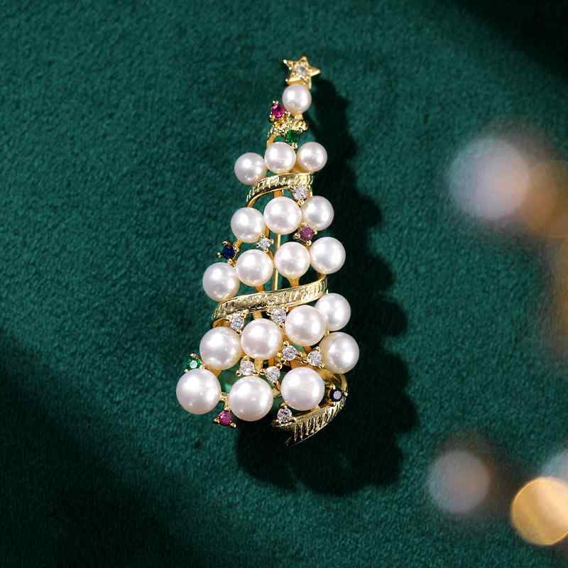 ブローチ レディース クリスマスツリー モチーフ 淡水パール ジルコン 金メッキ 胸飾り おしゃれ エレ..