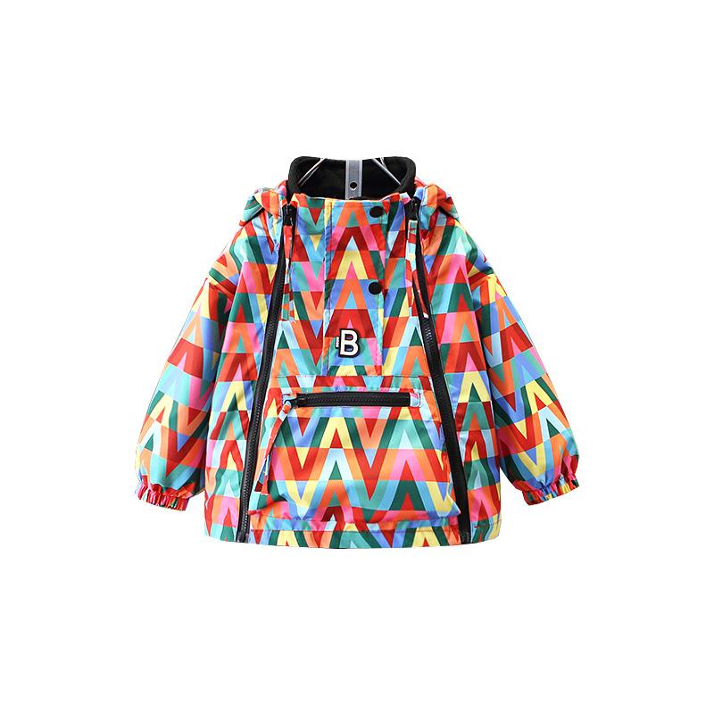 ウィンドブレーカー 男の子 キッズ 韓国風 ストリート カジュアル 虹色 カラフル フード付き 長袖 春秋 薄手 軽量 ポリエステル スプリングコート 通園 通学