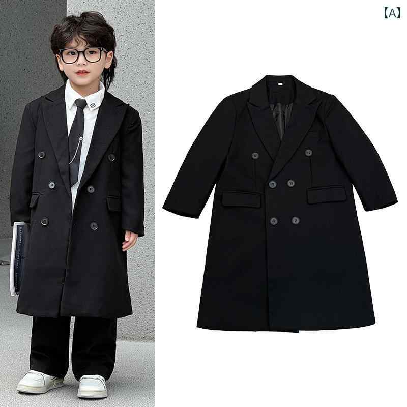 コート 男の子 キッズ 小学生 トレンチコート ロング丈 アウター 英国風 ブリティッシュスタイル おしゃれ 上品 ダブルブレスト 無地 襟付き 長袖 ソフトタッチ ポリエステル メルトン調 秋 冬(4)