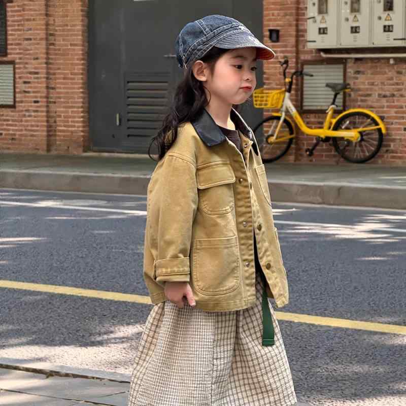 コート キッズ 男女兼用 綿 ツイル レザー切り替え ウォッシュ加工 レトロ ミドル丈 トレンチコート 酵..