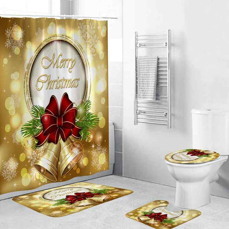 シャワーカーテン 3Dデジタルプリント クリスマス トナカイ ゴールド クリスマスベル 4点セット 防水 ..
