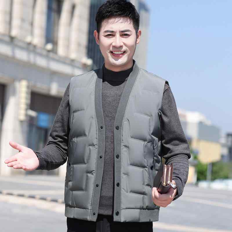 ダウンベスト メンズ 中高年 男性用 父親世代向け 秋冬 防寒 厚手 保温 防風 ノースリーブ ゆったり フード付き ジッパー 白鴨ダウン ポリエステル ジレ 普段使い ビジネス ブラック グレーグリーン
