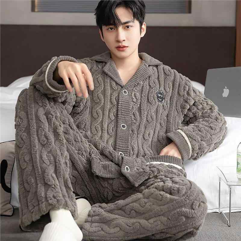 パジャマ メンズ 男性用 中年層 ミドル世代 冬物 厚手 裏起毛 長袖 長ズボン 前開き ルームウェア 部屋..