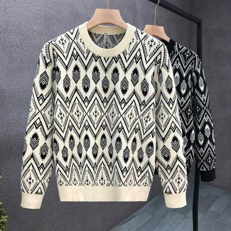 ニット セーター メンズ 男性 秋冬 菱形格子柄 ジャガード織り クルーネック 丸首 韓国ファッション 若..