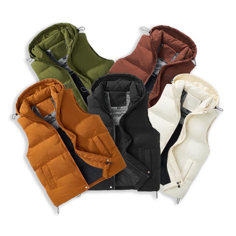 ベスト メンズ 中綿ベスト 男性用 ジレ ダウン風 厚手 保温 防寒 暖かい フード付き ジップアップ ポリエステル カジュアル 普段使い アウトドア 黒 カーキ アイボリー