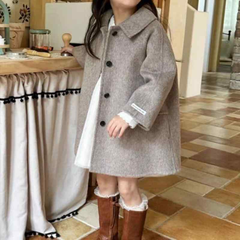 コート 女の子 ジュニア ガールズ 春秋物 ダブルフェイス ウール混紡 ポロ襟 シングルボタン 厚手 暖か..