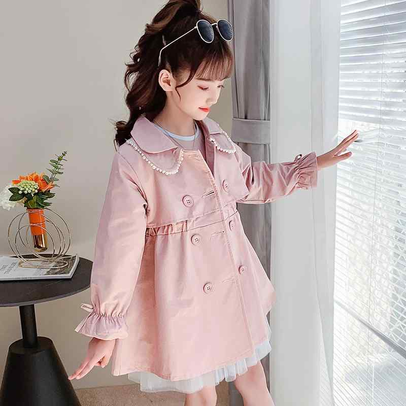 キッズ 女の子 トレンチコート スプリングコート アウター 春秋 韓国風 ファッション ブリティッシュスタイル 小学生 ジュニア 中大童 ミドル丈 長袖 襟付き ダブルボタン ウエストベルト付き 綿 コットン ソフト加工 ピンク カーキ