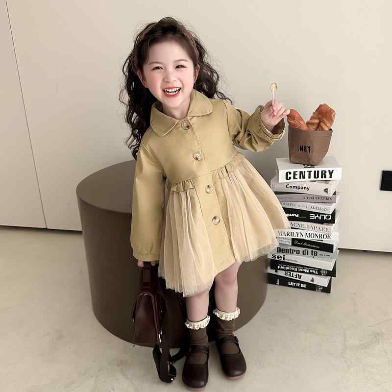 コート 女の子 スプリングコート ミドル丈 春秋 アウター ウインドブレーカー カジュアル おしゃれ 韓国風 普段使い 通学 お出かけ 襟付き 長袖 シングルボタン ポリエステル素材 カーキ ピンク