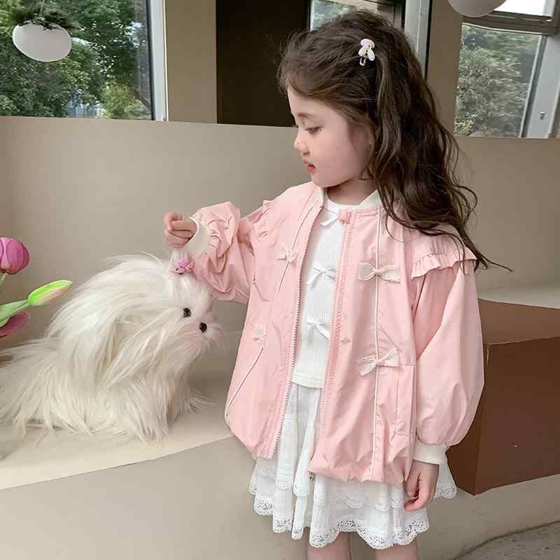 コート 女の子 ガールズ キッズ 早春 春物 アウター ジャケット スプリングコート おしゃれ トレンド 上品 軽量 防風 通園 通学 ポリエステル ミドル丈 ピンク スタンドカラー 韓国風 カジュアル 無地 9分袖 シングルボタン