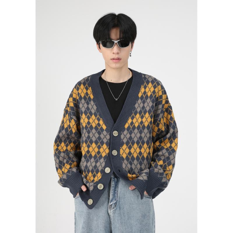 ニットカーディガン メンズ Vネック ダイヤ柄 ゆったり ルーズフィット 韓国風 リラックス アウター 長..