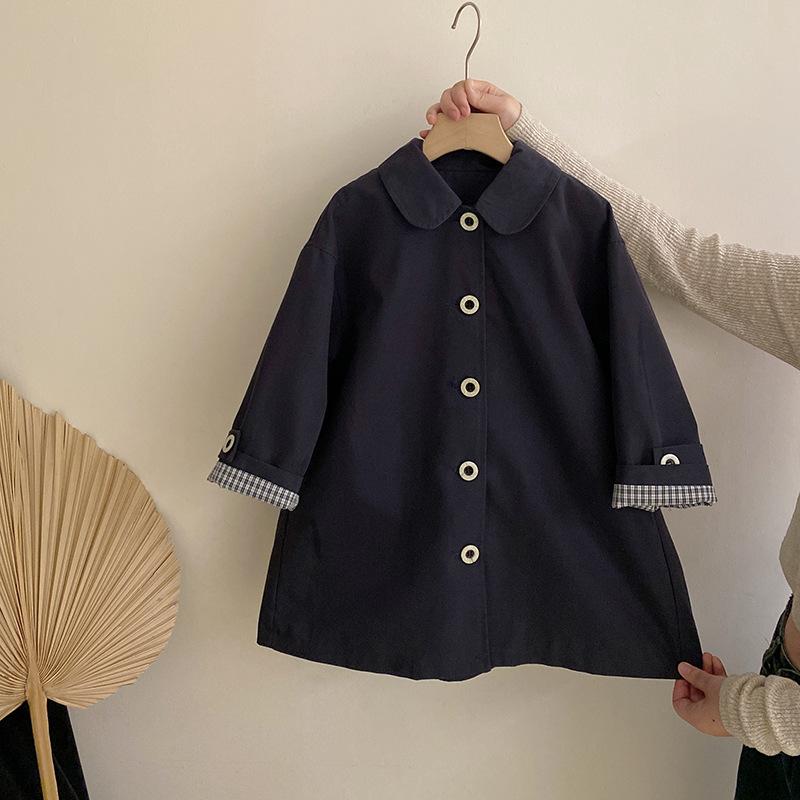 スプリングコート 女の子 ガールズ 小学生 中学生 ピーターパンカラー 韓国風 上品 ミドル丈 綿 長袖 着回し カジュアル アウター シングルボタン