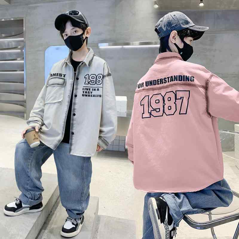 キッズ 男の子 アウター 春秋 アルファベット柄 綿 コットン シャツジャケット ジャケット スプリングコート 襟付き 長袖 フードなし 柔らかい 軽量 韓国風 カジュアル 通学 普段使い ピンク ライトカーキ