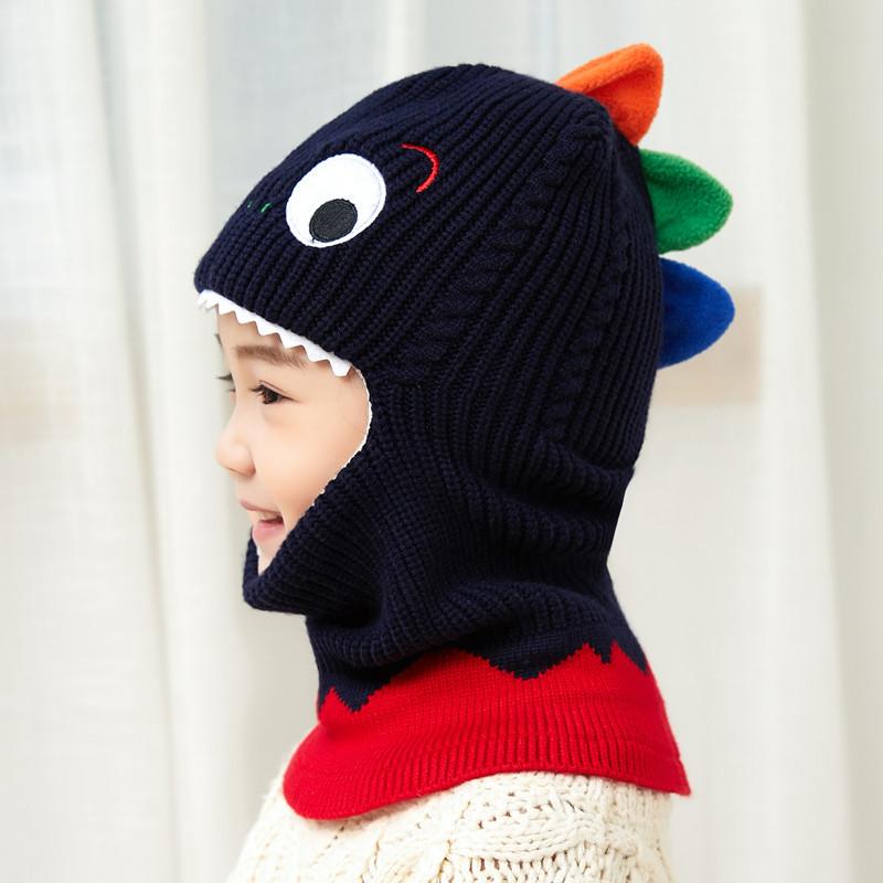 ニット帽 ベビー キッズ 男女兼用 恐竜デザイン マフラー ネックウォーマー 一体型 裏起毛 厚手 防寒 ..