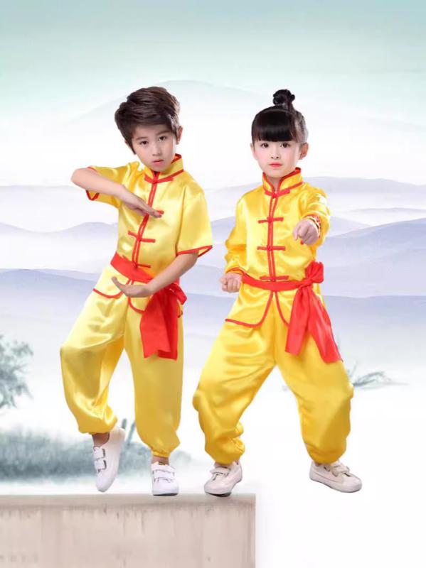 武術着 キッズ 男の子 女の子 太極拳 カンフー 練習着 稽古着 発表会 演武服 中国風 パフォーマンスウェア 半袖 長袖 上下セット ポリエステル イエロー ...