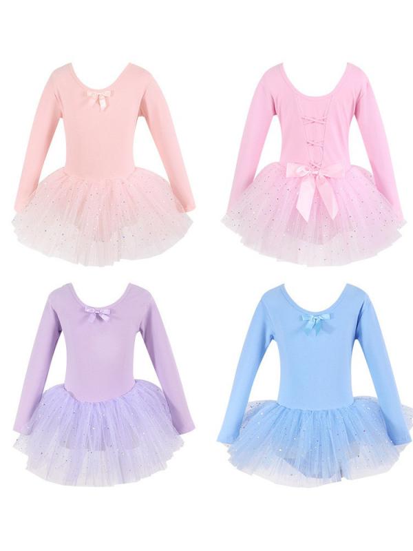 ダンスウェア 子供 女の子 ガールズ バレエ 中国舞 発表会衣装 レッスン着 練習着 半袖 チュチュ スカート ふわふわ ボリューム 綿 コットン 柔らかい 快適 ピンク 水色 紫