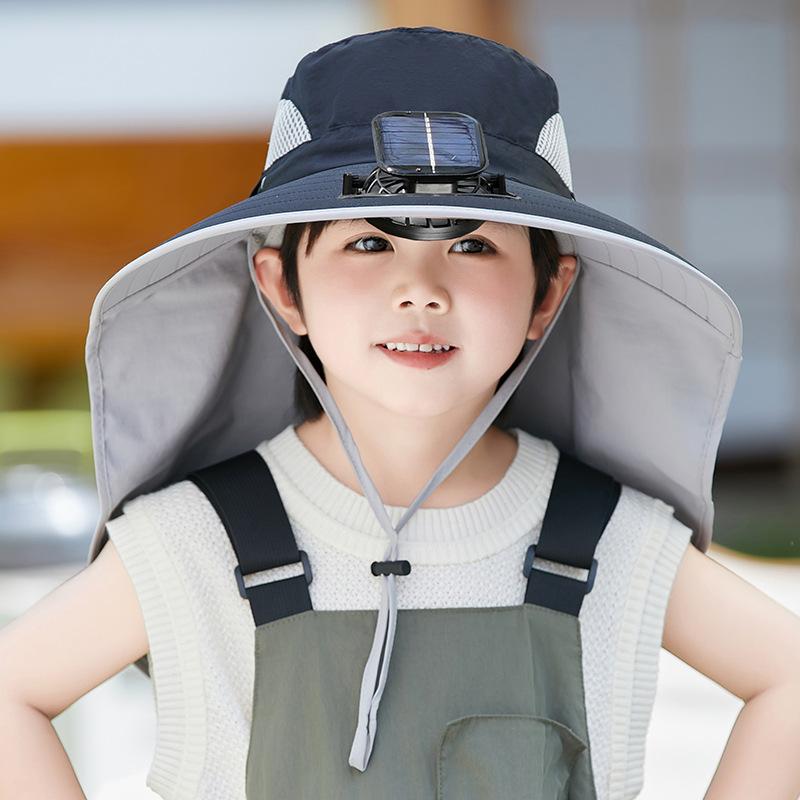 つば広ハット キッズ 男の子 女の子 ソーラー充電式 扇風機付き 日よけケープ付き アウトドア 通気性 U..
