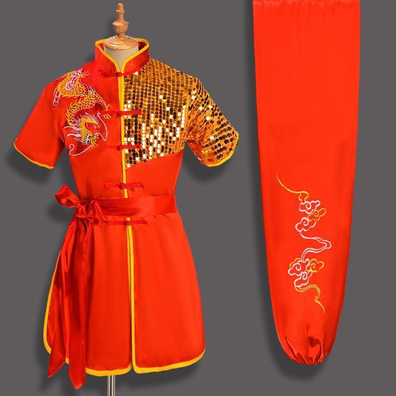 武道着 キッズ 子供 ジュニア 大人 男女兼用 中国風 龍刺繍 太極拳服 長拳服 功夫服 試合着 競技服 練習着 演武服 発表会用 舞台衣装 ビニロン 白 赤 青 黄 黒