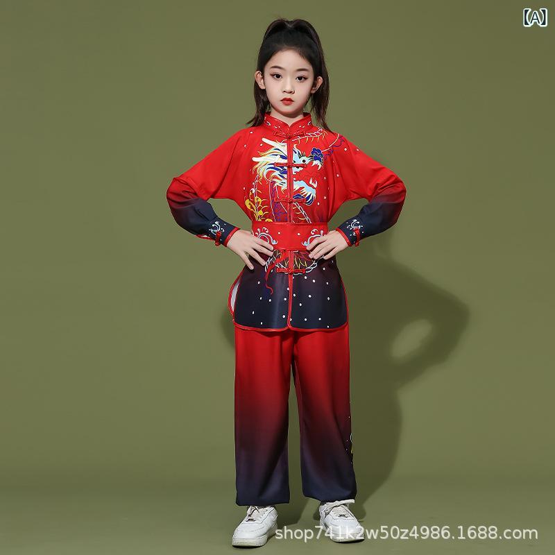 武術服 キッズ 子供 男の子 女の子 男女兼用 長袖 上下セット 太極拳 カンフー 練習着 稽古着 演武服 発表会 試合 龍柄 昇り龍 プリント ポリエステル グラデーション