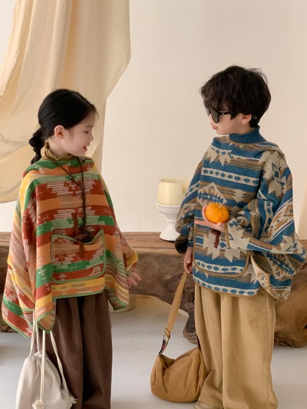 キッズ 男女兼用 ポンチョ マント ケープ 冬物 韓国風 カラフル フード付き おしゃれ かわいい ゆった..