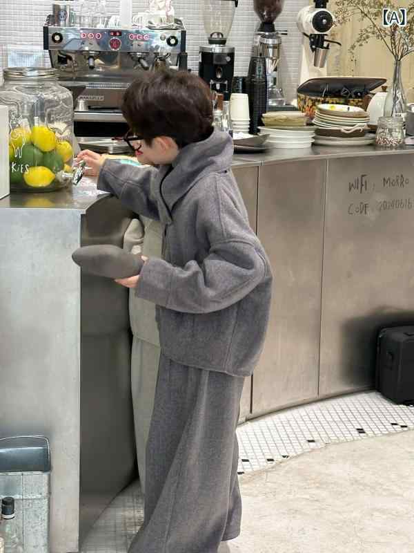 上下セット キッズ 男女兼用 3-8歳 冬物 韓国ファッション 無地 メルトン ウール調 厚手 あったか 暖か..