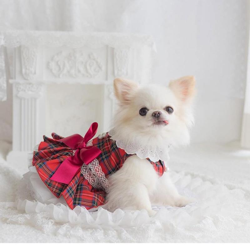 ペット服 女の子 ドッグウェア 春夏 チェック柄 ワンピース ブリティッシュスタイル 綿混紡素材 カジュ..