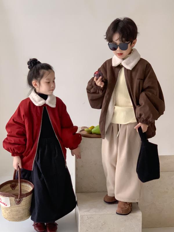 ジャケット キッズ 男の子 女の子 韓国風 ファー襟 ジップアップ 厚手 カジュアルアウター 綿 ポリエステル 柔らかい フードなし 長袖 アルファベット柄 冬...