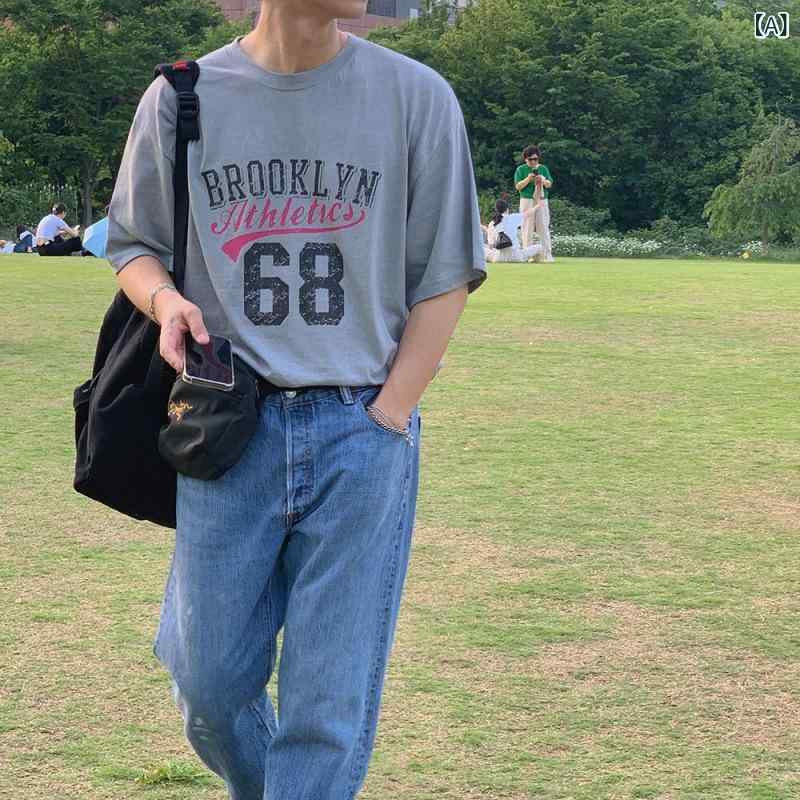 Tシャツ ユニセックス レトロ 英字プリント クルーネック ドロップショルダー 半袖 ゆったり オーバーサイズ 綿 コットン 韓国ファッション ストリート カジュアル 普段使い トップス