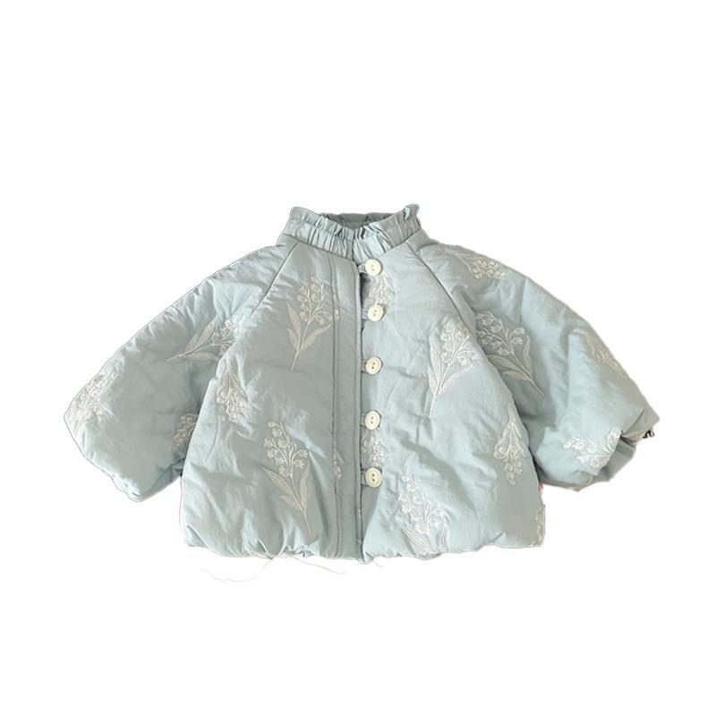 キッズ 女の子 中綿入りアウター フード付き 長袖 ジップアップ ミドル丈 かわいい 韓国風 防寒 ポリエステル ブルー 通園 通学 普段着