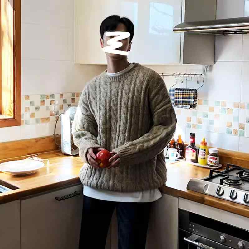 ニット メンズ ケーブル編み セーター プルオーバー 韓国風 トレンド ゆったり ルーズシルエット クルーネック 丸首 秋 冬 暖かい 保温 綿混 アクリル カーキ