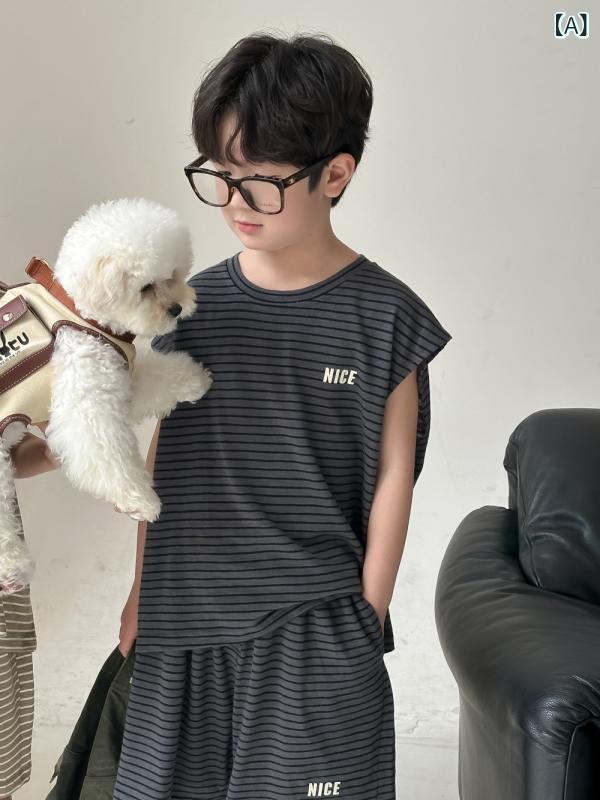 セットアップ 男の子 女の子 キッズ 韓国風 夏 ストライプ柄 ノースリーブ ゆったり クルーネック ショートパンツ 短パン 2点セット 上下セット 綿 コットン 薄手 涼しい 普段着 ルームウェア カジュアル かわいい