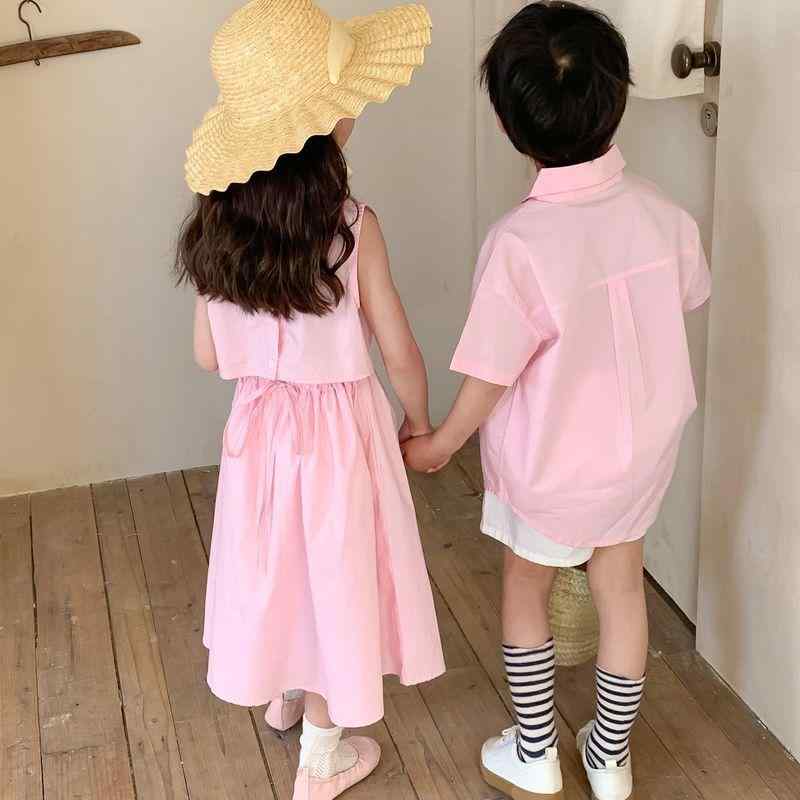 子供服 男の子 女の子 兄妹コーデ 韓国風 ワンピース ドレス シャツ 無地 綿 コットン かわいい 柔らかな肌触り 夏物 普段着 お出かけ 通園 通学 ピンク