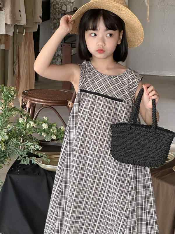 ワンピース キッズ 女の子 綿混 韓国風 裾切り替え チェック柄 ジャンパースカート ロング丈 Aライン ..
