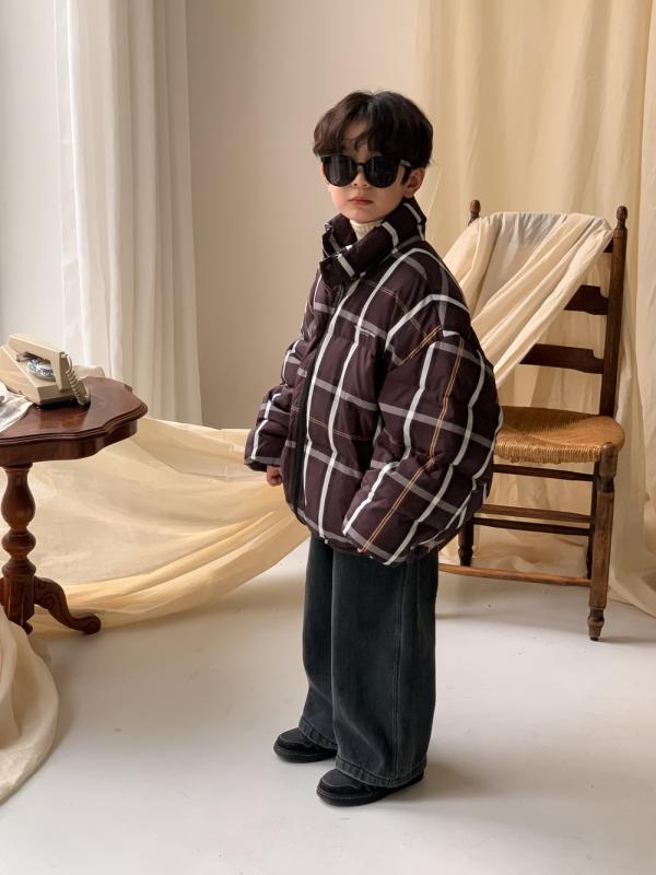 ダウンジャケット アウター キッズ 男の子 男児 韓国風 チェック柄 ショート丈 ボリューム 厚手 防寒 ..